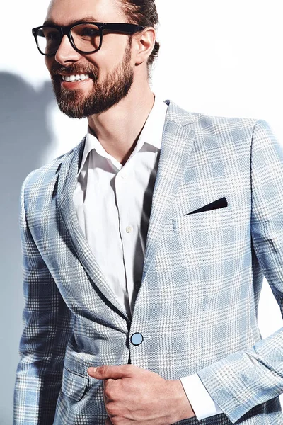 Portrait of handsome fashion stylish hipster businessman model dressed in elegant light blue suit  isolated on white — Stock Photo, Image