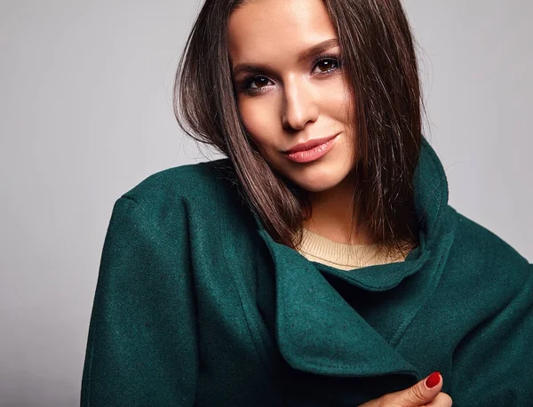 Portrait Beautiful Smiling Cute Brunette Woman Model Casual Green Jacket — Stock Photo, Image