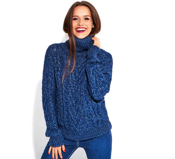 Portrait Beautiful Smiling Cute Brunette Woman Model Casual Blue Sweater — Stock Photo, Image