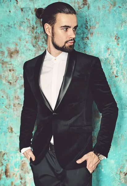 Portrait Handsome Fashion Stylish Hipster Lumbersexual Businessman Model Dressed Elegant — Stock Photo, Image