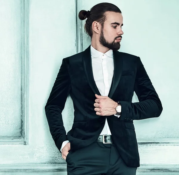 Porträtt Stilig Snygg Hipster Lumbersexual Affärsman Modell Klädd Elegant Svart — Stockfoto