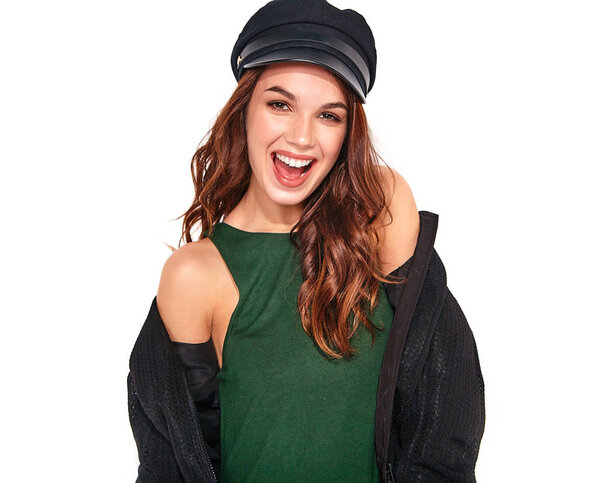 Portrait of young stylish laughing girl model in black casual summer clothes in cap with natural makeup isolated on white background. Looking at camera