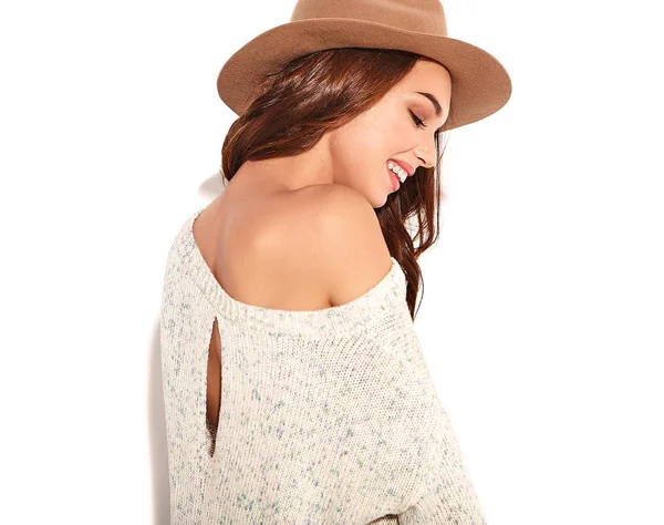 Portrait Young Stylish Girl Model Casual Summer Clothes Brown Hat — Stock Photo, Image