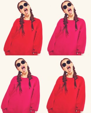 Genç mutlu gülümseyen kadın modeli ile parlak makyaj ve renkli dudakları iki boynuzu ve güneş gözlüğü üzerinde beyaz izole kırmızı yaz giysileri ile. Delirmek ve dilini gösteren