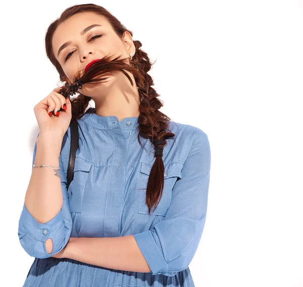 Retrato Jovem Modelo Mulher Sorridente Feliz Com Maquiagem Brilhante Lábios — Fotografia de Stock