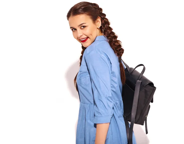 Retrato Jovem Modelo Mulher Sorridente Feliz Com Maquiagem Brilhante Lábios — Fotografia de Stock