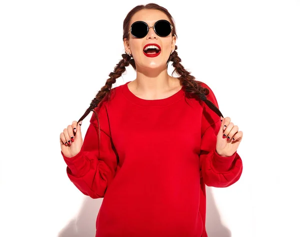 Retrato Joven Modelo Sonriente Feliz Con Maquillaje Brillante Labios Coloridos — Foto de Stock