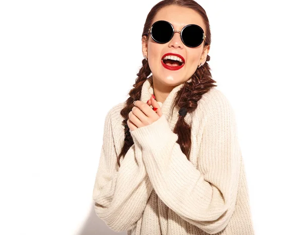 Retrato Jovem Modelo Mulher Sorridente Feliz Com Maquiagem Brilhante Lábios — Fotografia de Stock