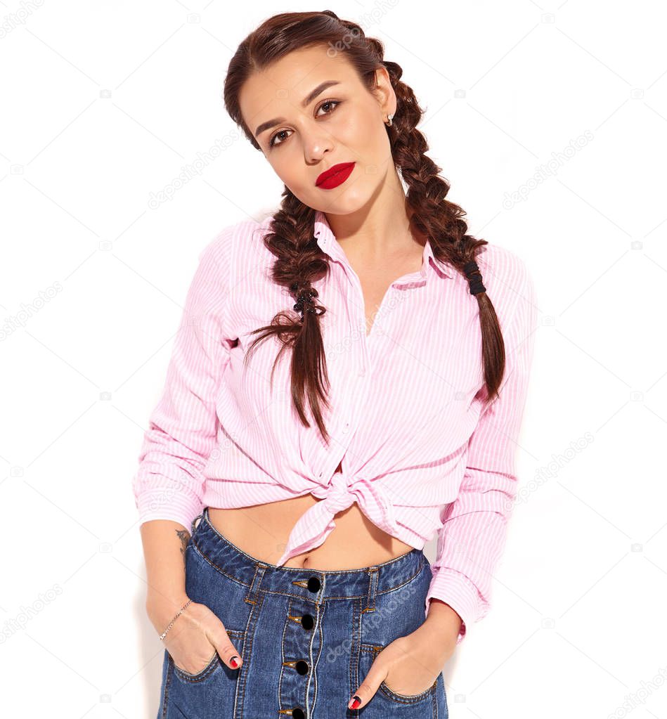 Portrait of young happy smiling woman model with bright makeup and red lips with two horns  in summer colorful pink tied shirt isolated on white