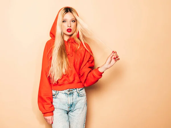 Portrait Young Beautiful Hipster Bad Girl Trendy Red Summer Hoodie — 스톡 사진
