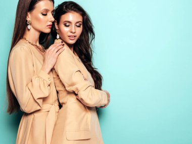 Two young beautiful brunette girls in nice trendy summer clothes.Sexy carefree women posing near blue wall in studio.Fashionable models with bright evening makeup