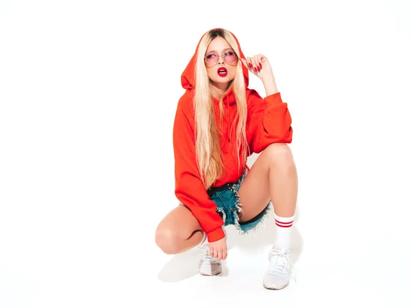 Portrait Young Beautiful Hipster Bad Girl Trendy Red Summer Hoodie — 스톡 사진