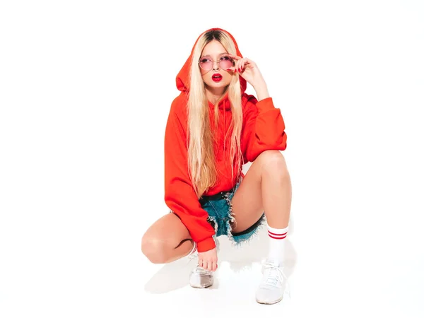 Portrait Young Beautiful Hipster Bad Girl Trendy Red Summer Hoodie — 스톡 사진
