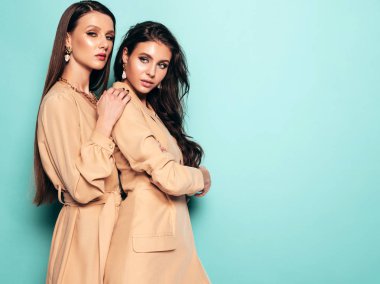 Güzel moda yaz kıyafetleri içinde iki güzel esmer kız stüdyoda mavi duvarın yanında poz veren kaygısız kadınlar. Parlak makyajlı, şık mankenler. Sarılıp birbirlerine dokunuyorlar.