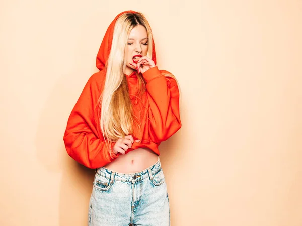 Portrait Young Beautiful Hipster Bad Girl Trendy Red Summer Hoodie — Stockfoto