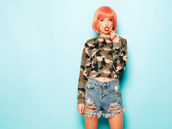 Portrait Young Beautiful Hipster Bad Girl Trendy Jeans Shorts Earring — 스톡 사진