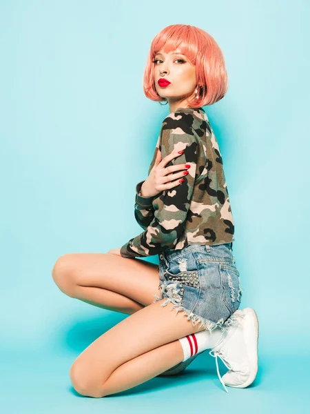 Portrait Young Beautiful Hipster Bad Girl Trendy Red Summer Clothes — 스톡 사진