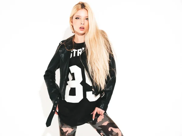 Young Beautiful Hipster Bad Girl Black Leather Jacket Stylish Fashionable — Stock Photo, Image
