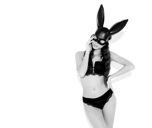 Beautiful Sexy Woman Wearing Carnival Black Mask Easter Bunny Rabbit — Stock Photo, Image