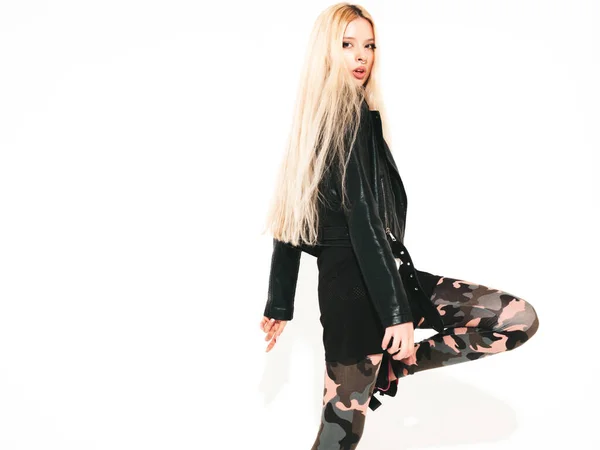 Young Beautiful Hipster Girl Black Leather Jacket Stylish Fashionable Tight — Stock Photo, Image