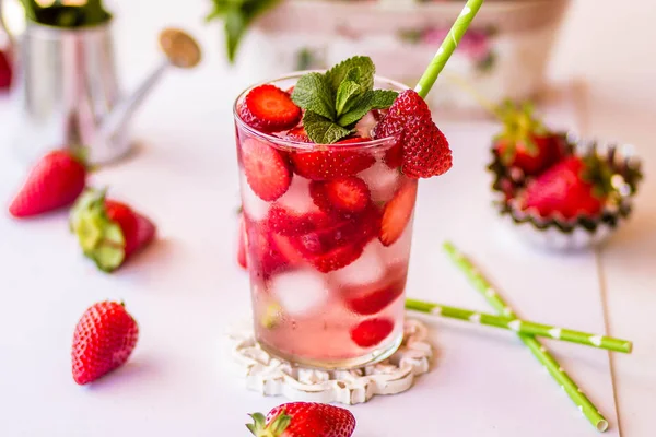 Homemade strawberry lemonade with mint on a white background — Stock Photo, Image