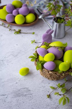 Paskalya yeşili ve açık renkli tavşanlı mor yumurtalar.