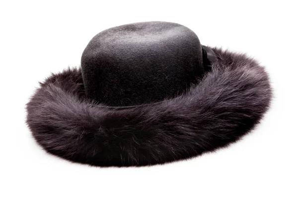 Inverno Black Fur Hat Vintage Studio Branco Fundo — Fotografia de Stock