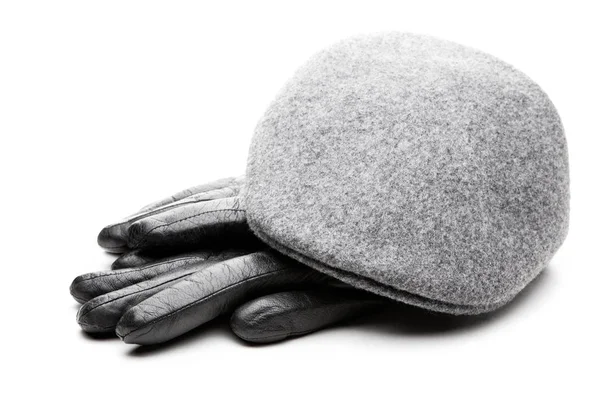 Tweed Grey Cap Black Leather Gloves White Background — Stock Photo, Image