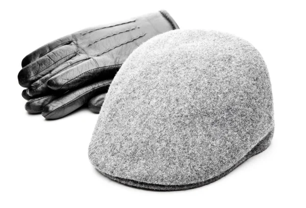 Tweed Grey Cap Black Leather Gloves White Background — Stock Photo, Image