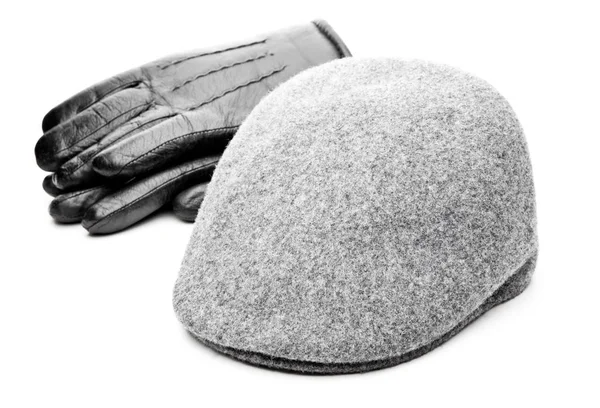 Tweed Gorra Gris Guantes Cuero Negro Fondo Blanco — Foto de Stock