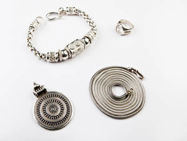 Srebrny Łańcuch Bransoletka Pierścień Mandala — Zdjęcie stockowe
