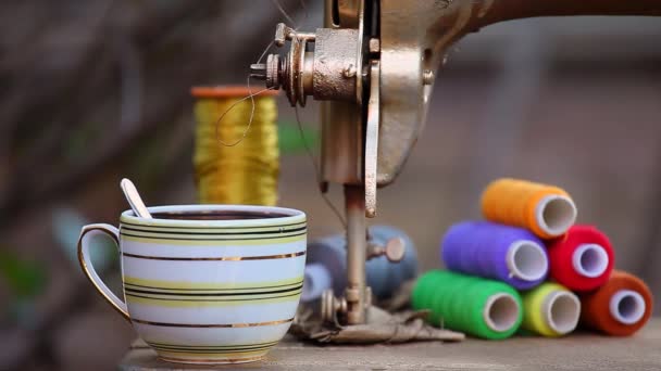 Tea Cup Broken Sewing Machine — Stock Video