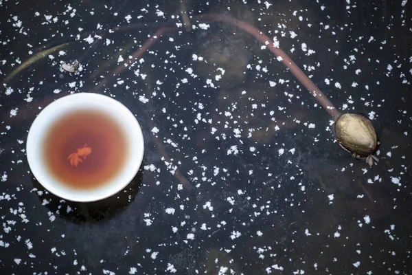 Hot Tea Cup Frozen Lake Background — Stock Photo, Image