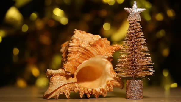 Seashell Abeto Árvore Mesa Ouro Bokeh Imagens — Vídeo de Stock