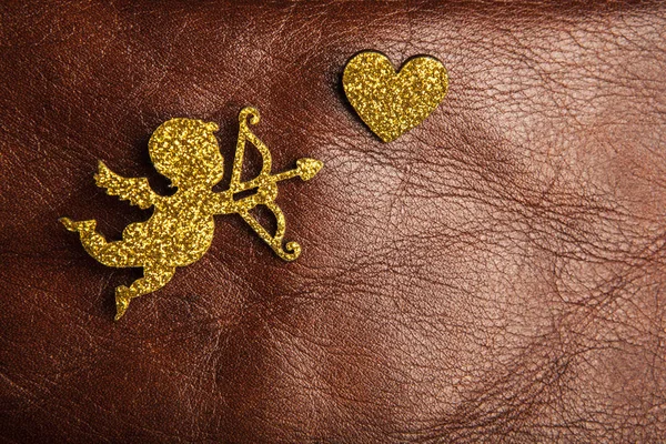 Gold Cupid Heart Leather Background — Stock Photo, Image