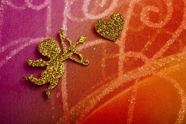 Guld Cupid Hjärta Textil Bakgrund — Stockfoto