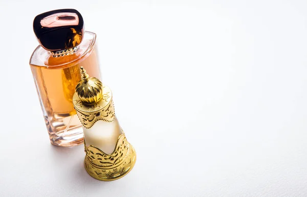 Glass Perfume Bottle White Leather Background — Stock Photo, Image