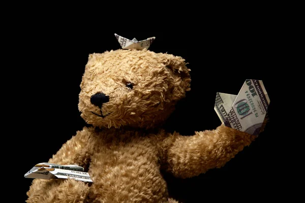 Изображение Игрушки Медведя Деньги Темный Фон — стоковое фото