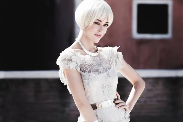 Portrait of a girl in a white wig — Stock Photo, Image