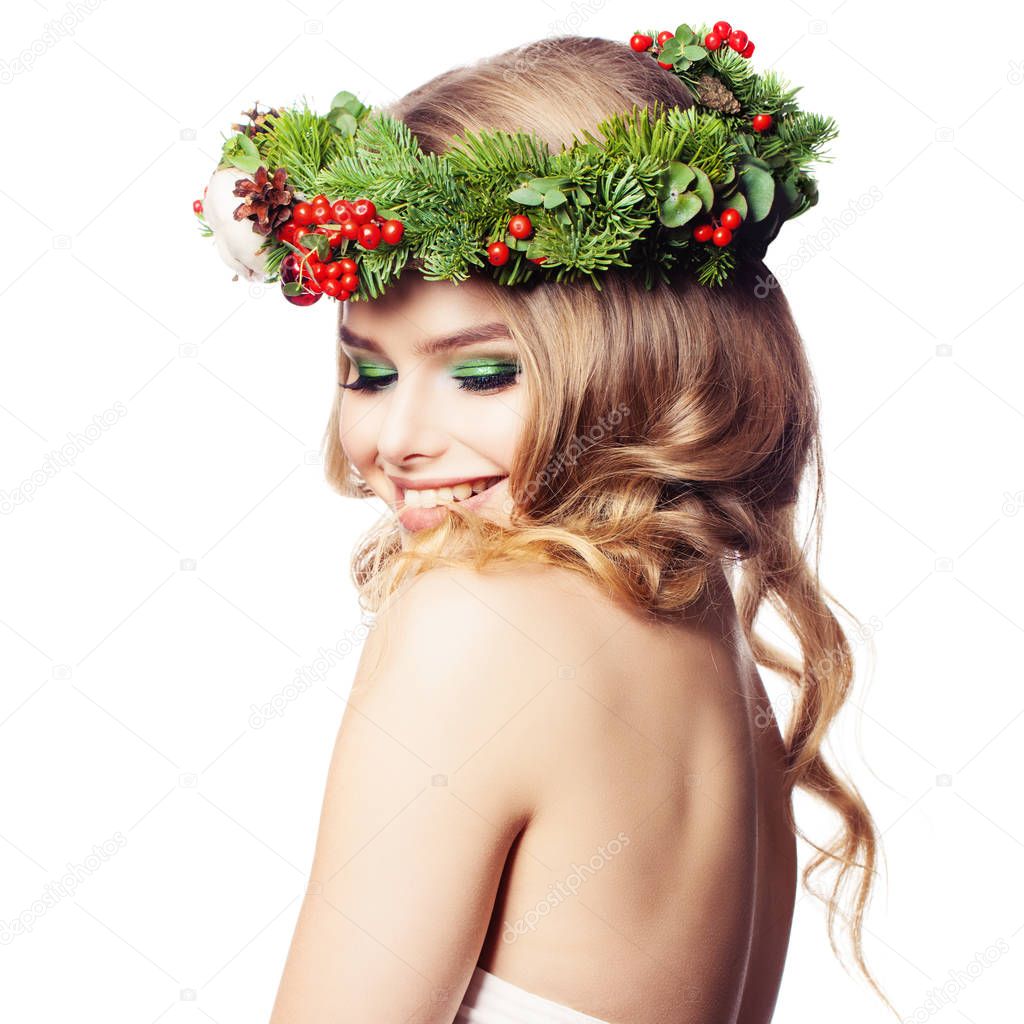 Spa Woman with Healthy Skin, Makeup and Floral Green Wreath Isol
