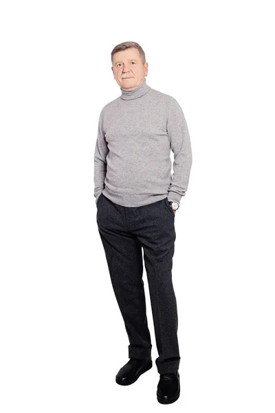 Homem Senior Empresário vestindo Roll Neck Jumper Em Cinza Isolado — Fotografia de Stock