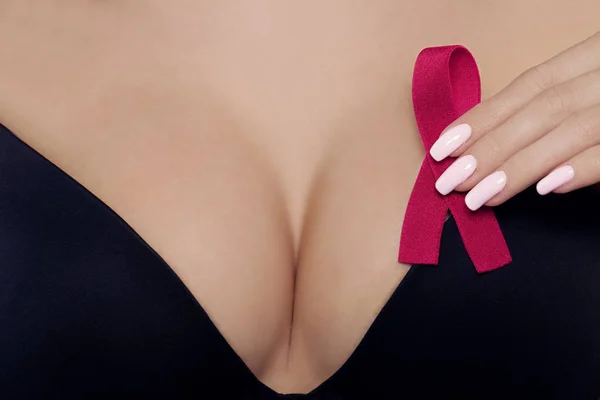 Breast Cancer Pink Ribbon Concept. Pink Ribbon on Woman Chest. B — Stock Photo, Image