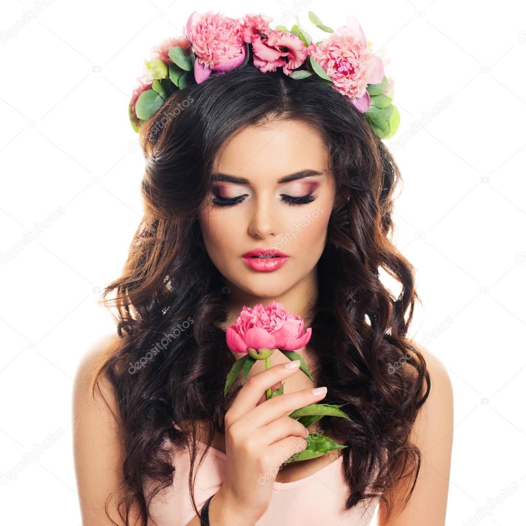 Beautiful Woman Model with Healthy Skin Holding Flower Isolated 