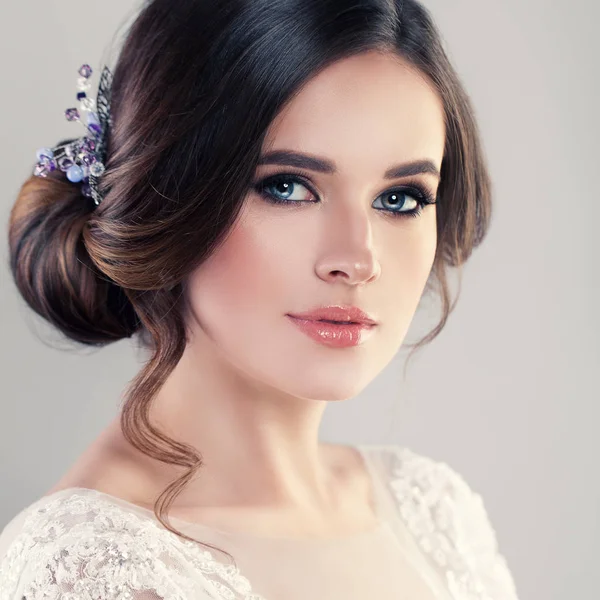 Young Woman Fiancee with Bridal Hairstyle, Natural Makeup and Je