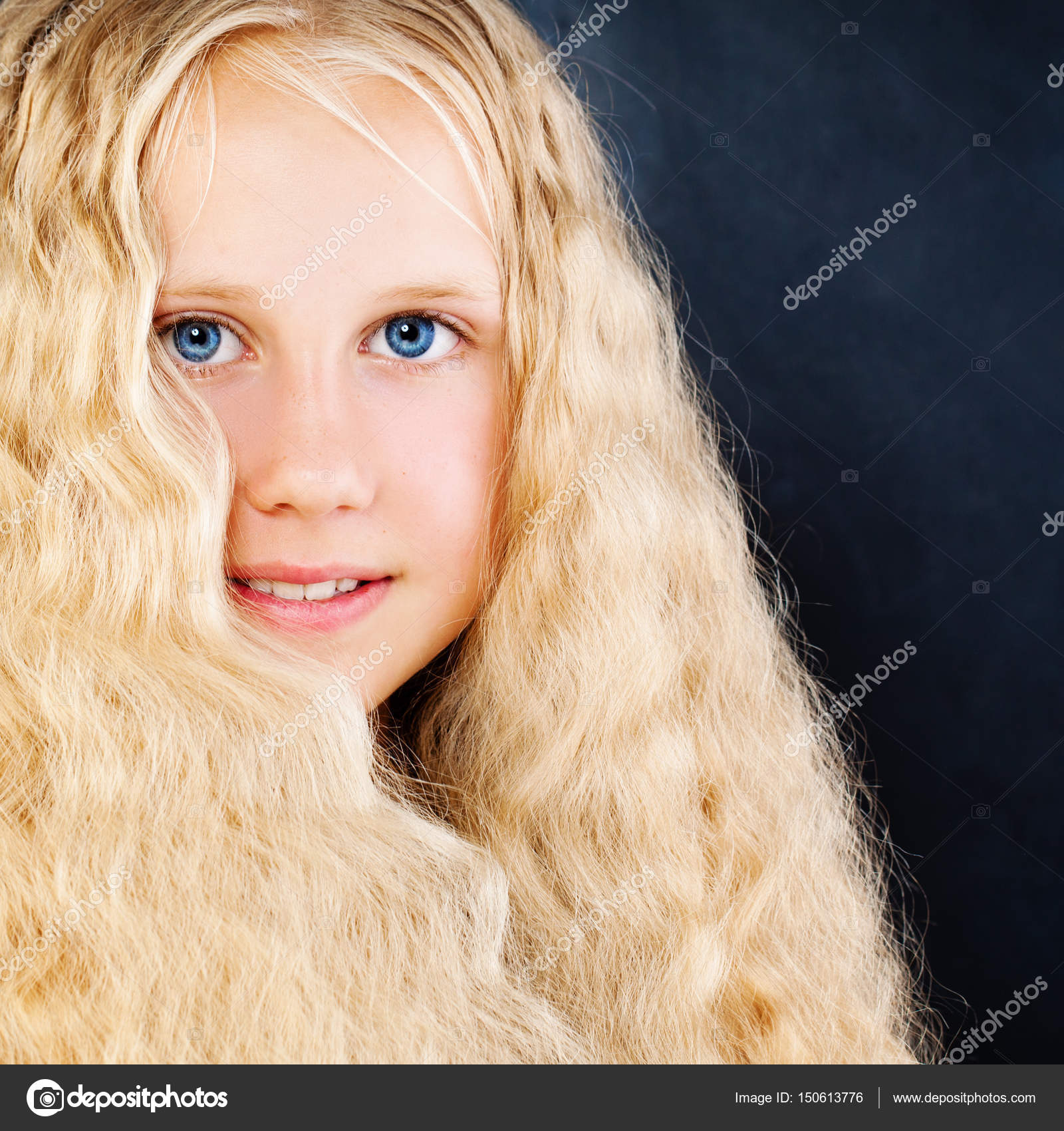 Pretty Child Girl On Blue Background Long Blonde Hair Face Clo