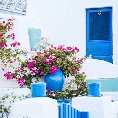 Yunan kapı ve çiçekler, ayrıntı Santorini Island, Yunanistan