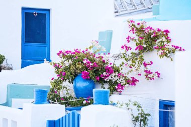 Yunan ev mavi kapı ve renkli çiçeklerle, Yunanistan