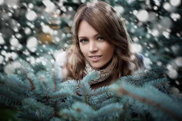 Kış arka plan witn kar üzerinde güzel kadın