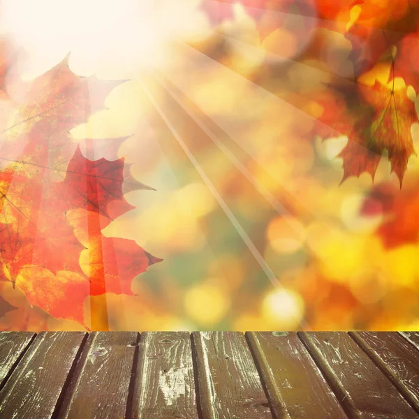 Abstract Autumn Background with Empty Wooden Board, Bokeh Glitte — Stock Photo, Image