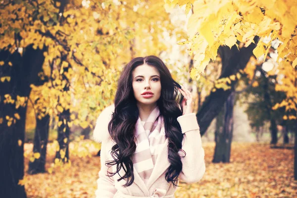Modèle parfait de femme d'automne avec cheveux bouclés foncés , — Photo